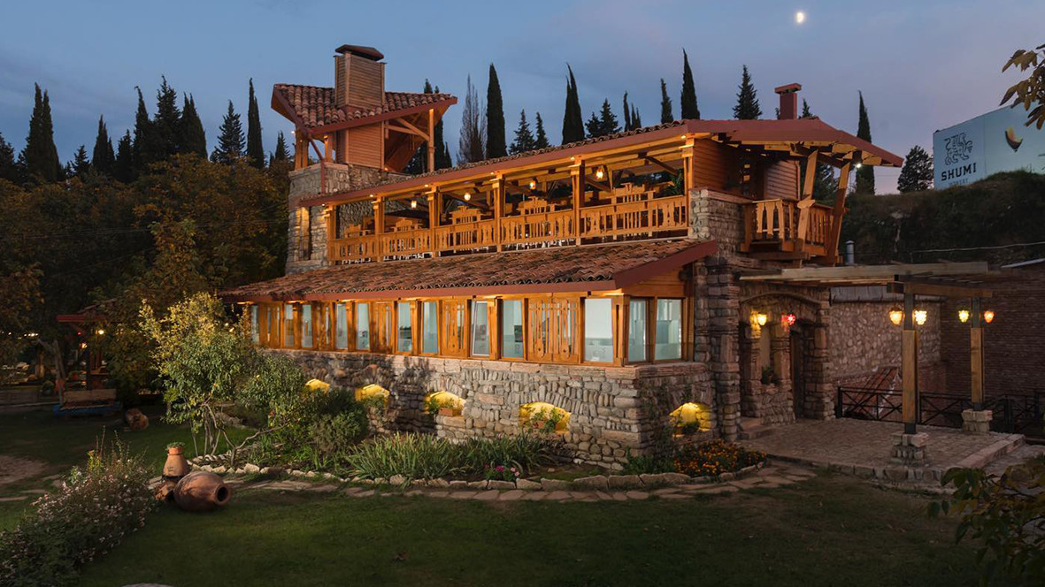 Shumi Winery estate building surrounded by Kakheti vineyards in Tsinandali, Georgia